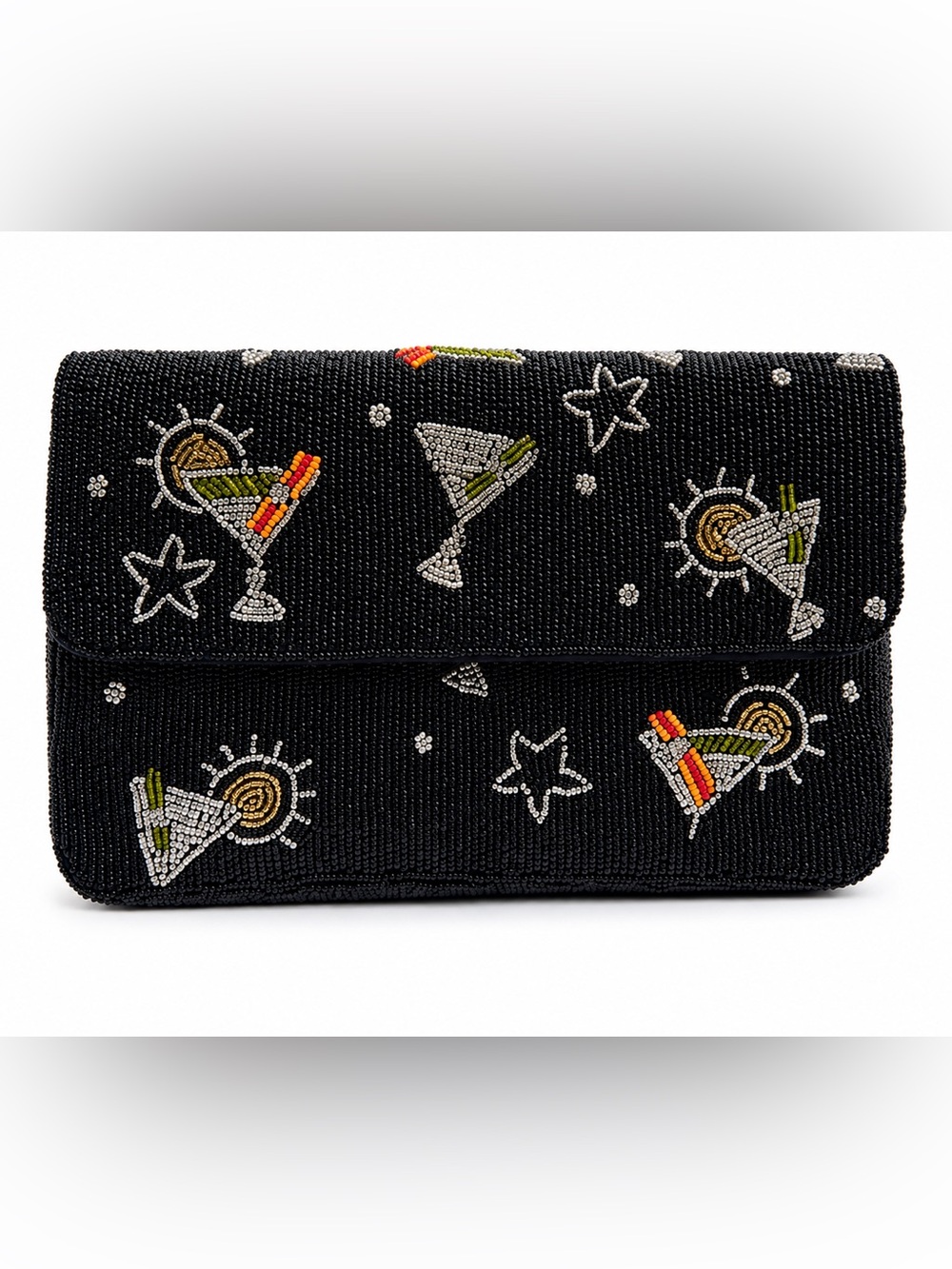 India Boutique Black Beaded Purse with Multicolor Cocktail Motifs